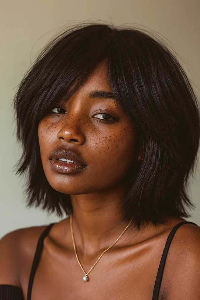 3. Textured Bob with Side-Swept Bangs