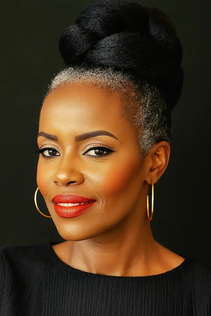 5. Braided High Crown Updo with Salt and Pepper Roots