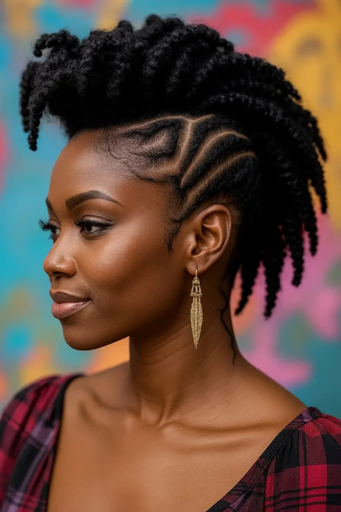 7. Braided Side Mohawk Updo with Twist-Out Top