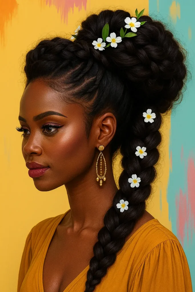 8. Floral Braided Updo Ponytail