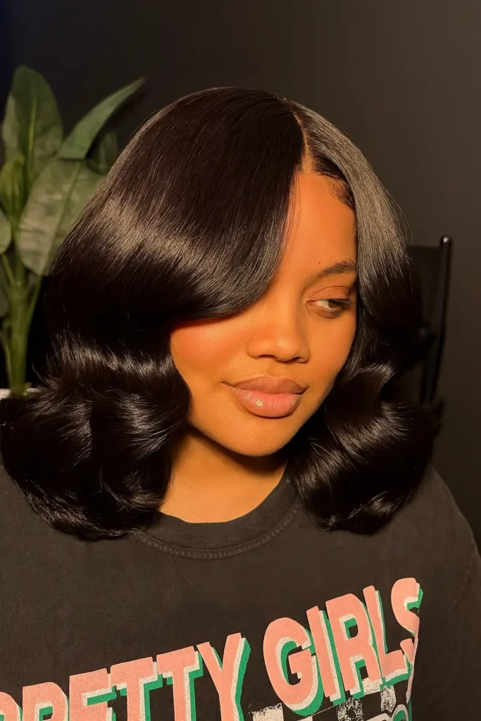 8. Glossy Wavy Bob with Side Part