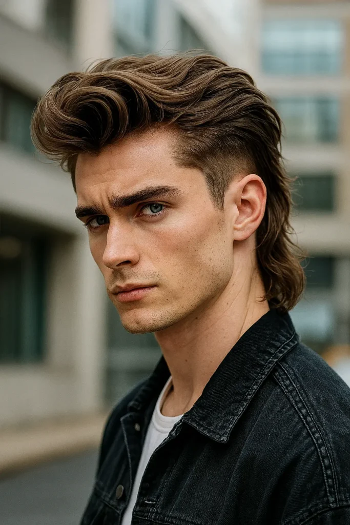 9. Volumized Pompadour Mullet with Clean Fade