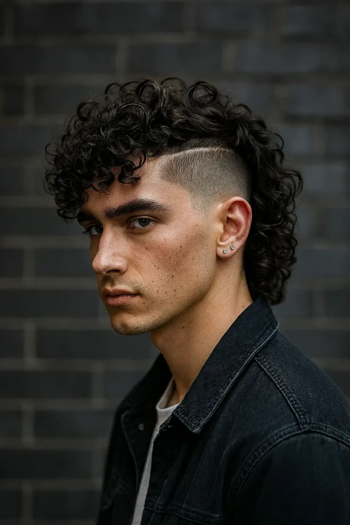 8. Curly Skin Fade Mullet with Hard Part